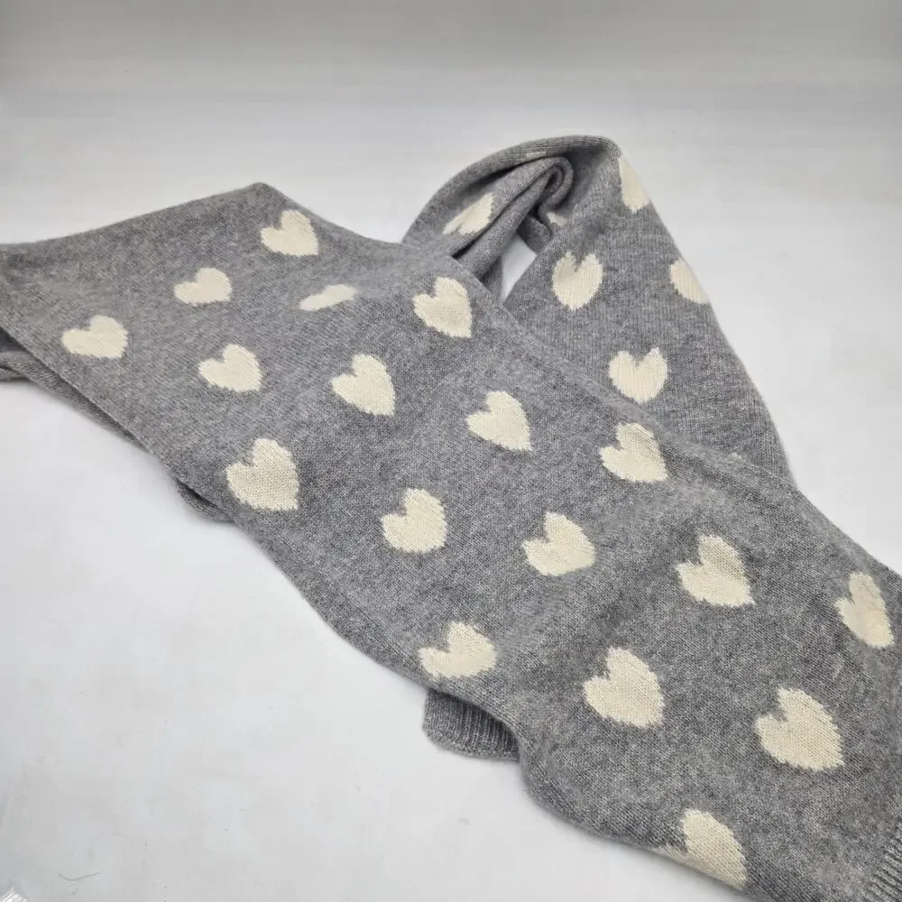 Talbots 100% Cashmere Ladies Scarf Gray w/ Cream Hearts 10”x80” Love Preppy